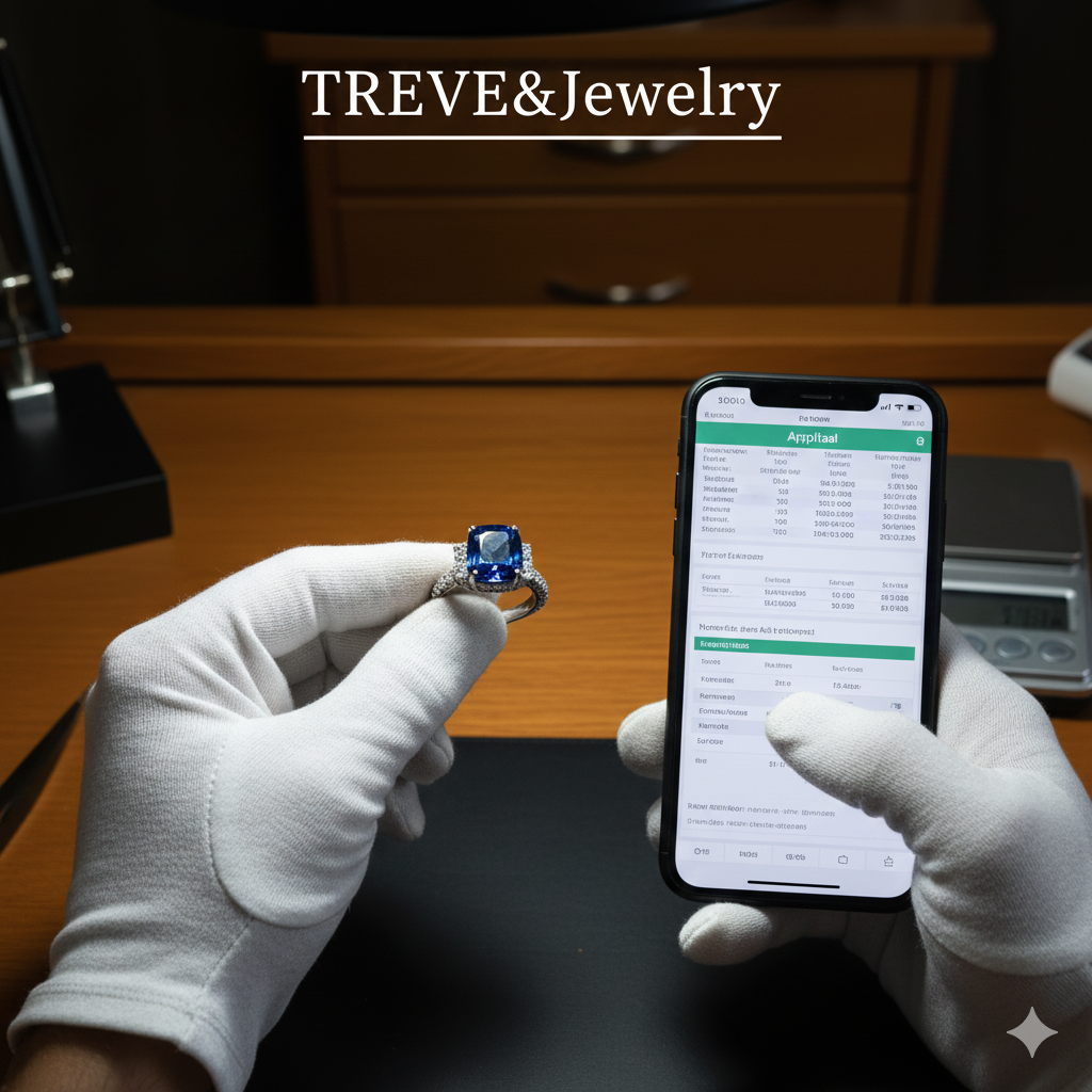 白い手袋をはめた手が、大きなサファイアが埋め込まれたダイヤモンド取り巻きリングを持ち、もう一方の手で宝石の鑑定書や買取詳細が表示されたスマートフォンを見ている画像。高松市の宝石買取専門店「TREVE」のイメージ。