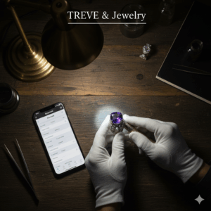 アンティーク調の木製デスクの上で、白い手袋をはめた鑑定士がライトを使い、大粒のアメジストが施された豪華なリングを精査している画像。隣には査定アプリが表示されたスマートフォンとピンセットが置かれている。高松市の宝石買取専門店「TREVE」のイメージ。