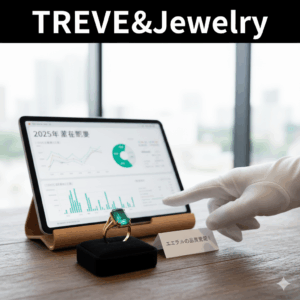 「TREVE & Jewelry」の文字が入った画像。明るい窓際のデスクで、白い手袋をはめた鑑定士が、大粒のエメラルドリングの横に置かれたタブレットの査定グラフを指差している様子。手前には「エメラルの品質発掘！」と書かれた札が添えられている。高松市の宝石買取専門店「TREVE」のイメージ。