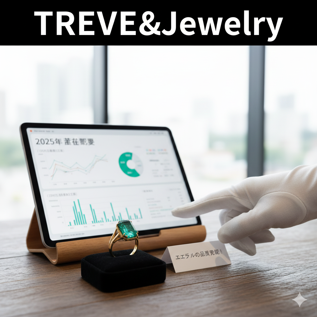 「TREVE & Jewelry」の文字が入った画像。明るい窓際のデスクで、白い手袋をはめた鑑定士が、大粒のエメラルドリングの横に置かれたタブレットの査定グラフを指差している様子。手前には「エメラルの品質発掘！」と書かれた札が添えられている。高松市の宝石買取専門店「TREVE」のイメージ。