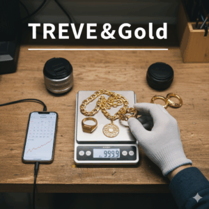 木製の作業台の上で、白い手袋をはめた手が、デジタルスケール（計量器）に乗せられたK18の太い喜平ネックレスや印台リングなどの金製品の重さを測っている様子。隣にはスマートフォンがあり、金相場が表示されている画像。高松市のK18金買取専門店「TREVE」のイメージ。