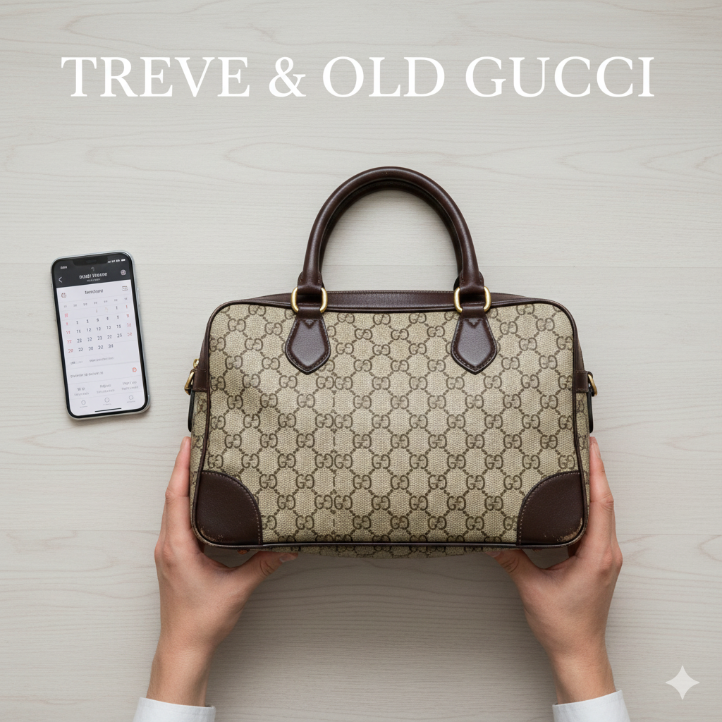 白い床の上に、オールドグッチ（GUCCI）のGGスプリーム柄のボストンバッグが置かれ、女性の両手がバッグを支えている様子。隣にスマートフォンの買取査定スケジュールが表示されている画像。高松市のオールドグッチ買取専門店「TREVE」のイメージ。