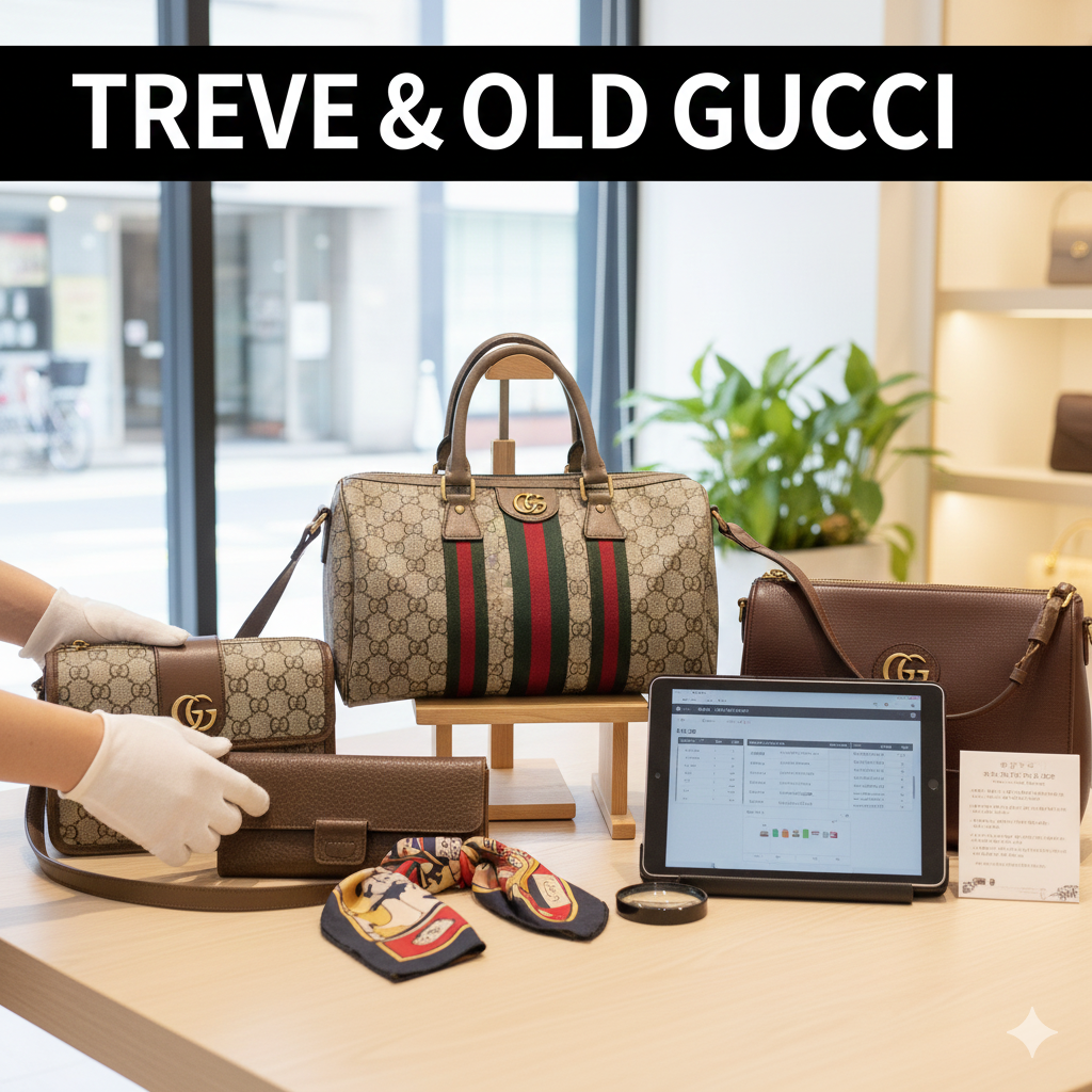「TREVE & OLD GUCCI」の文字が入った画像。明るい店舗のカウンターに、GGスプリームのシェリーライン・ボストンバッグやショルダーバッグ、長財布などのオールドグッチ製品が並べられている。白い手袋をはめた手が財布を丁寧に扱い、横には査定リストが表示されたタブレットが置かれている。高松市のブランド買取店「TREVE」のイメージ。