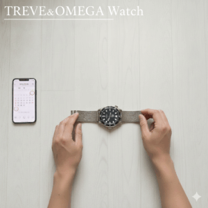 白い床の上に、オメガ(OMEGA)のシーマスターダイバー300M(メッシュブレスレット)が置かれ、女性の手で時計が固定されている様子。隣にスマートフォンの買取査定スケジュールが表示されている画像。高松市のオメガ時計買取専門店「TREVE」のイメージ。