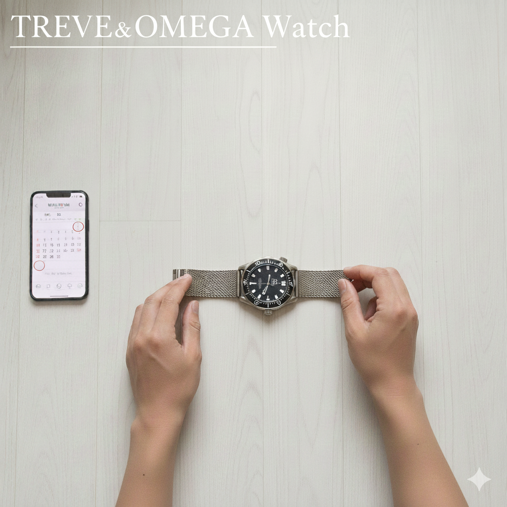 白い床の上に、オメガ（OMEGA）のシーマスターダイバー300M（メッシュブレスレット）が置かれ、女性の手で時計が固定されている様子。隣にスマートフォンの買取査定スケジュールが表示されている画像。高松市のオメガ時計買取専門店「TREVE」のイメージ。