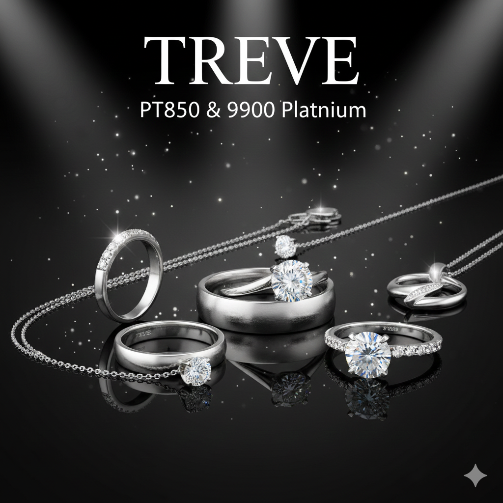 ダイヤモンドのソリティアリング、結婚指輪、ネックレスなど、Pt850/Pt900プラチナのジュエリーが並べられた画像。高松市内のプラチナ買取専門店「TREVE」のイメージ。