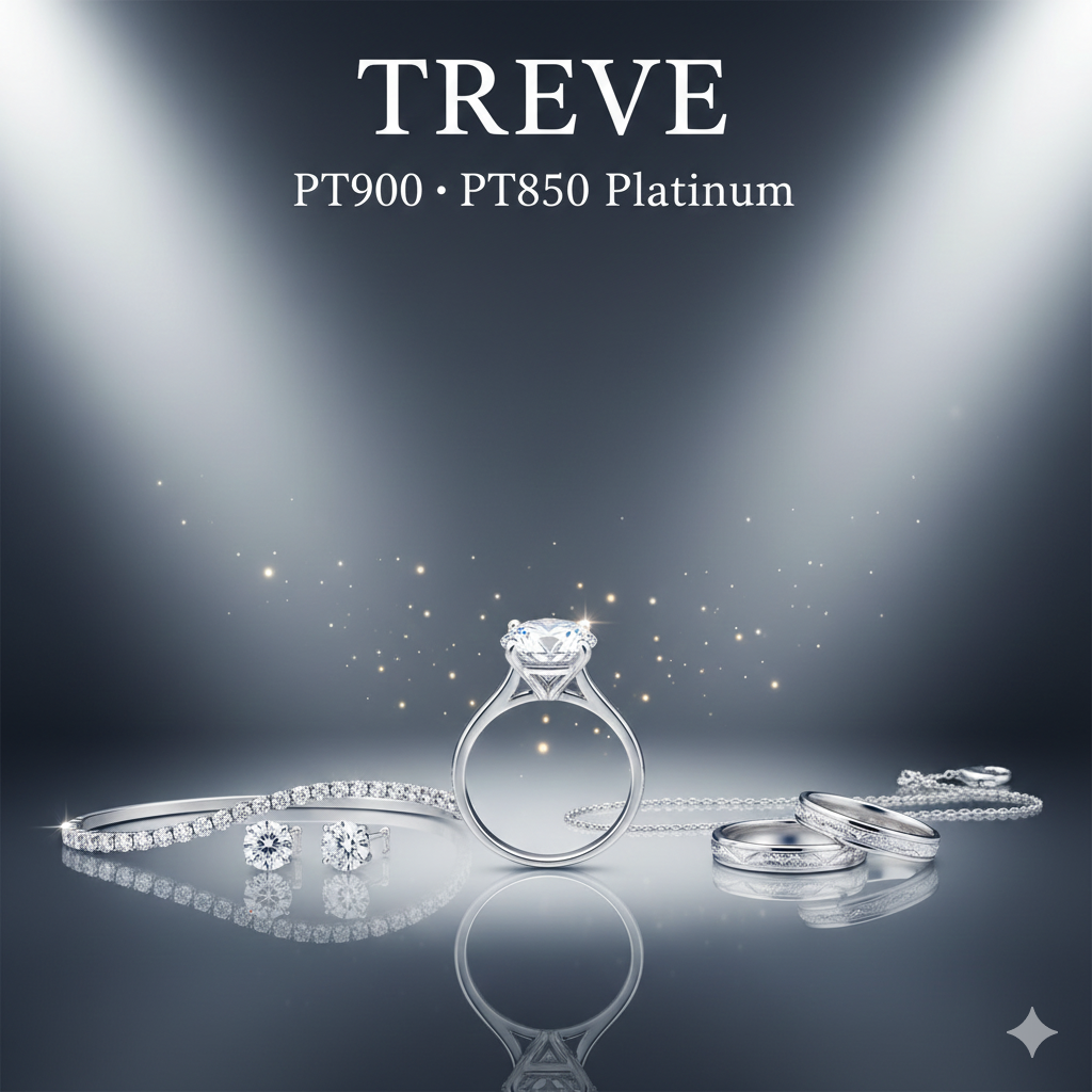 Pt900・Pt850プラチナの婚約指輪（エンゲージリング）、結婚指輪（マリッジリング）、テニスブレスレット、ピアスが並べられた画像。高松市内のプラチナ買取専門店「TREVE」のイメージ。