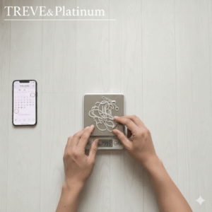 白いフローリングの床の上で、女性の手が絡まったプラチナのネックレスをデジタルスケール(計量器)に乗せて重さを測っている様子。隣にはスマートフォンと「TREVE鑑定」の紙が置かれた画像。高松市のプラチナ買取専門店「TREVE」のイメージ。