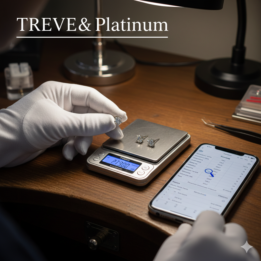 木製の作業台の上で、白い手袋をはめた手が、デジタルスケール（計量器）に乗せられたダイヤモンド付きのプラチナピアスをピンセットで持ち上げている様子。隣のスマートフォンの画面にはプラチナの買取価格が表示されている画像。高松市のプラチナ買取専門店「TREVE」のイメージ。