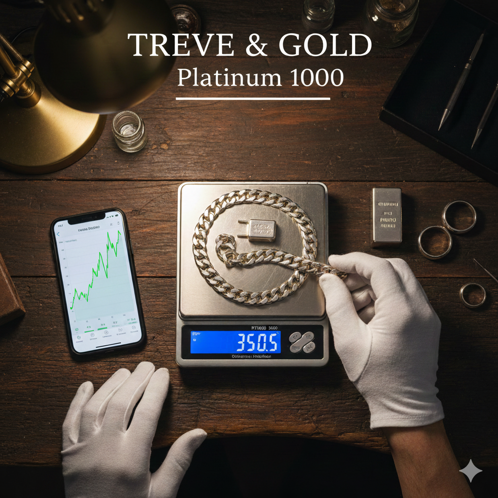 「TREVE & GOLD Platinum 1000」の文字が入った画像。木製の作業台で、白い手袋をはめた手がデジタルスケールに乗った太いプラチナ喜平ネックレスを扱っている。スケールは「350.5」を表示し、隣のスマホには上昇する相場グラフが映っている。高松市のプラチナ買取専門店「TREVE」のイメージ。