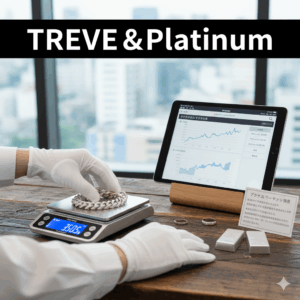「TREVE & Platinum」の文字が入った画像。明るい窓際で、白い手袋をはめた鑑定士がデジタルスケールに乗ったプラチナ喜平ネックレスを整えている様子。スケールには「350.5g」と表示され、背景のタブレットには右肩上がりの相場チャートが映っている。手元にはプラチナのインゴットも置かれている。