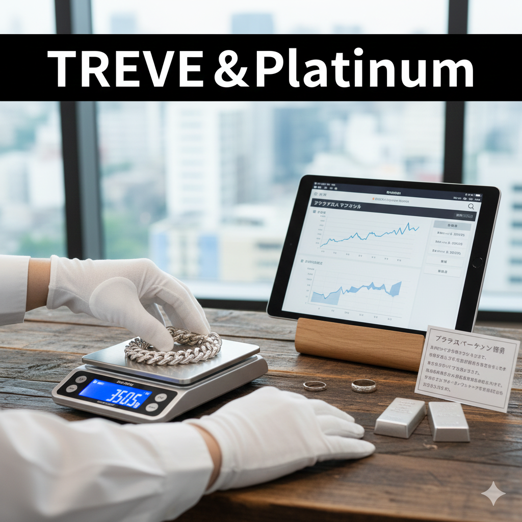 「TREVE & Platinum」の文字が入った画像。明るい窓際で、白い手袋をはめた鑑定士がデジタルスケールに乗ったプラチナ喜平ネックレスを整えている様子。スケールには「350.5g」と表示され、背景のタブレットには右肩上がりの相場チャートが映っている。手元にはプラチナのインゴットも置かれている。