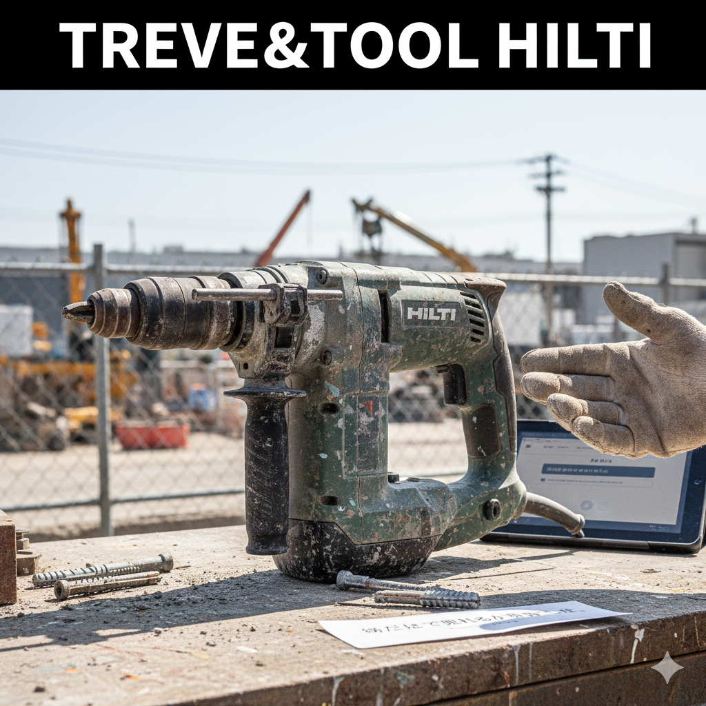 建設現場のような屋外の作業台で、激しく使い込まれた緑色のHILTI（ヒルティ）製ハンマードリルが置かれている画像。軍手をはめた手が添えられ、背後には査定用タブレットと「傷だらけで売れるか不安でも」と書かれた札が見える。高松市の電動工具買取専門店「TREVE」のイメージ。