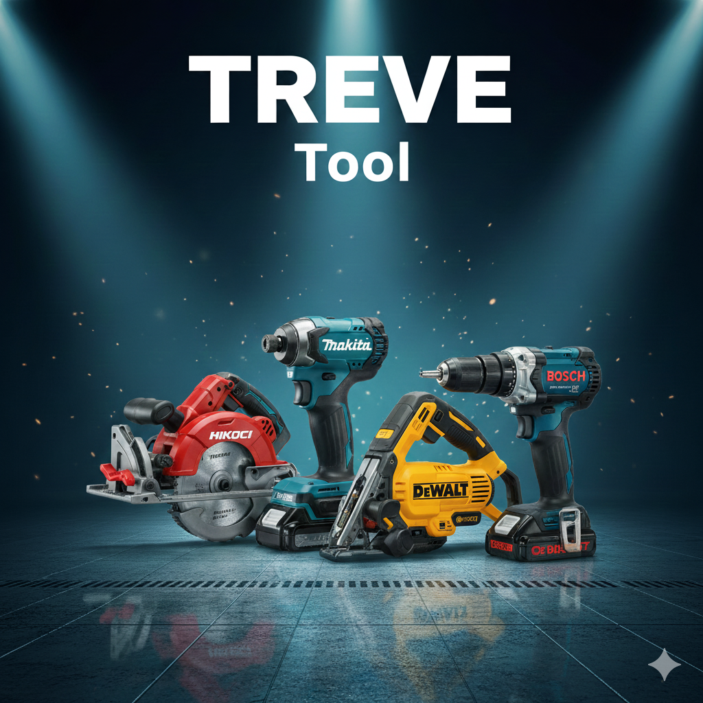 HiKOKIの丸ノコ、マキタのインパクトドライバー、DeWALTのジグソー、BOSCHの電動ドリルドライバーなど、複数の人気メーカーの電動工具が並べられた画像。高松市内の電動工具買取専門店「TREVE」のイメージ。