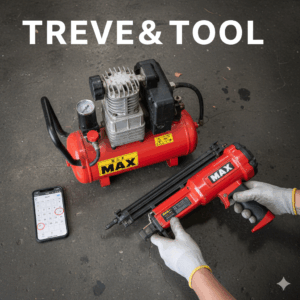 コンクリートの床の上に、MAXの赤いエアコンプレッサーと、作業手袋をはめた手が持つMAXの赤い釘打ち機(ネイルガン)が置かれた画像。中央にはスマートフォンがあり、買取査定のイメージ。高松市の電動工具買取専門店「TREVE」のイメージ。