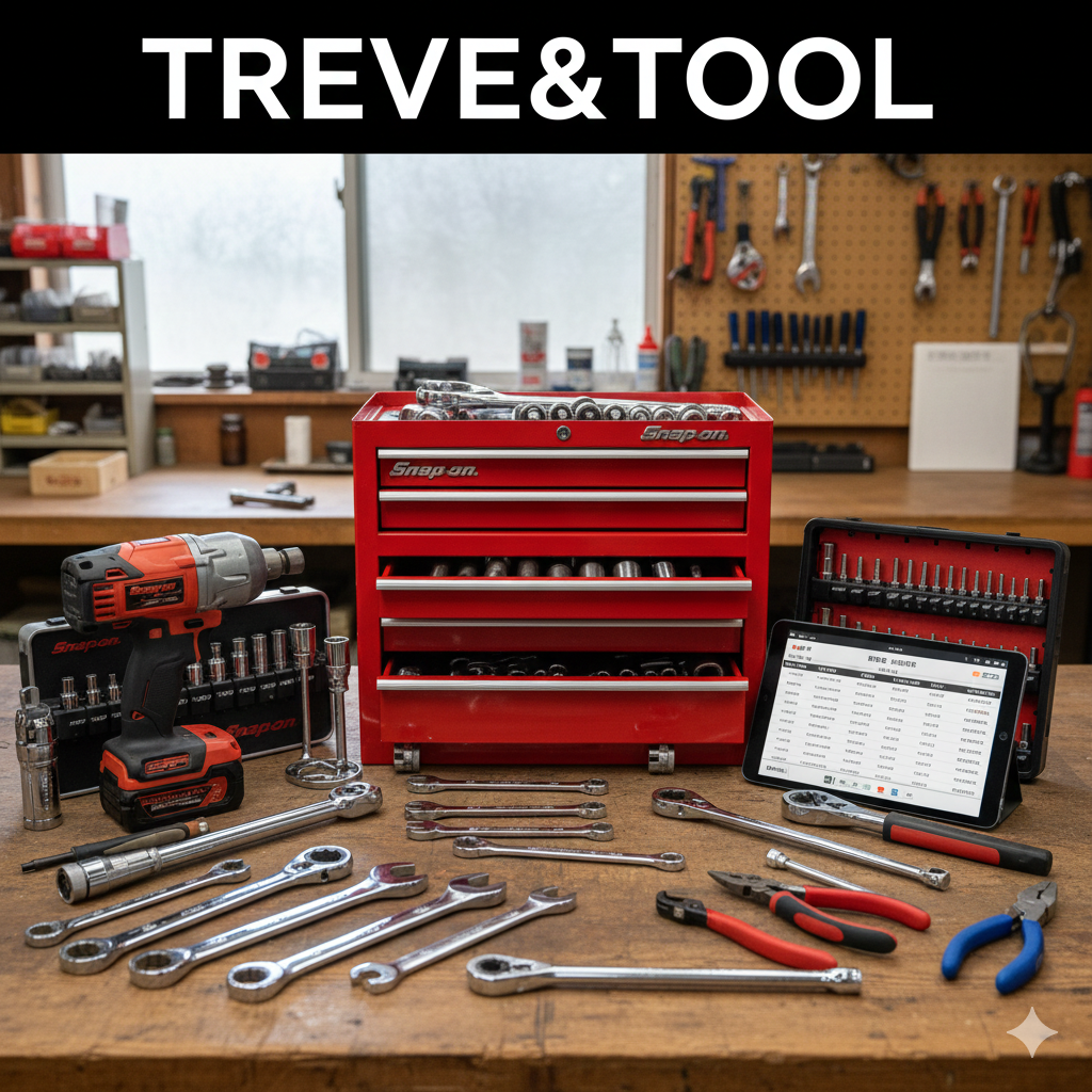 木製の作業台の上に、Snap-on（スナップオン）の赤いツールキャビネットを中心に、ラチェットレンチ、コンビネーションレンチ、プライヤー、電動インパクトレンチなどの工具が整然と並べられた画像。手前には査定用タブレットが置かれている。高松市の工具買取専門店「TREVE」のイメージ。