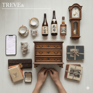 白いフローリングの床の上に、小型の置き時計、陶器のティーカップ、古酒(日本酒・ウイスキー)、木製の引き出し、古いアルバム、ルイ・ヴィトンの財布、カフスボタンなど、多様な骨董品や遺品が並べられた画像。高松市の遺品整理・買取サービス「TREVE」のイメージ。