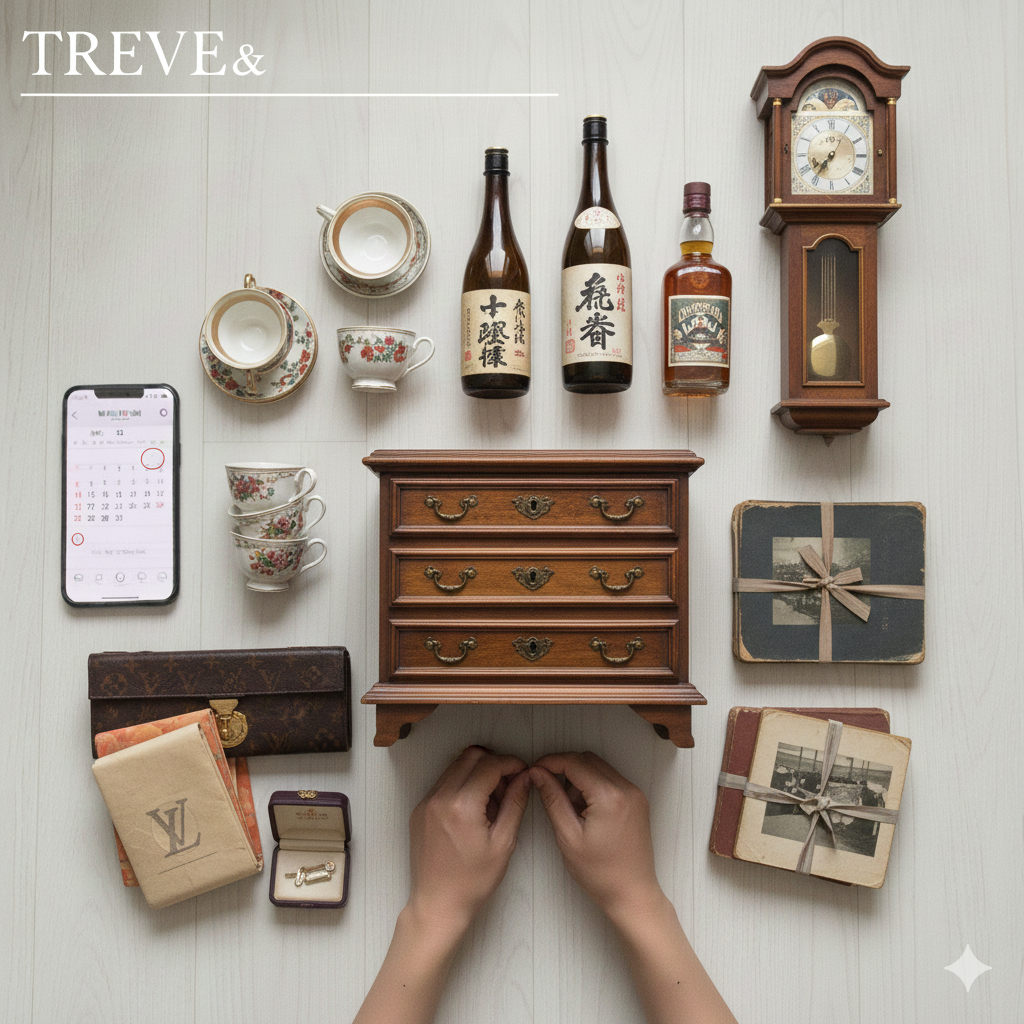 白いフローリングの床の上に、小型の置き時計、陶器のティーカップ、古酒（日本酒・ウイスキー）、木製の引き出し、古いアルバム、ルイ・ヴィトンの財布、カフスボタンなど、多様な骨董品や遺品が並べられた画像。高松市の遺品整理・買取サービス「TREVE」のイメージ。