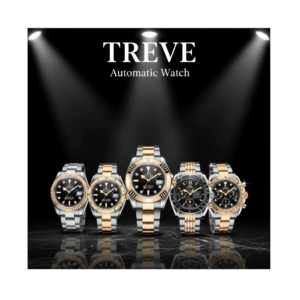 スポットライトが当たる黒い大理石の上に、ロレックス、オメガ、タグホイヤーなど、金と銀のコンビネーションモデルを含む5本の高級自動巻き腕時計（オートマチックウォッチ）が並べられた画像。高松市の高級時計買取専門店「TREVE」のイメージ。