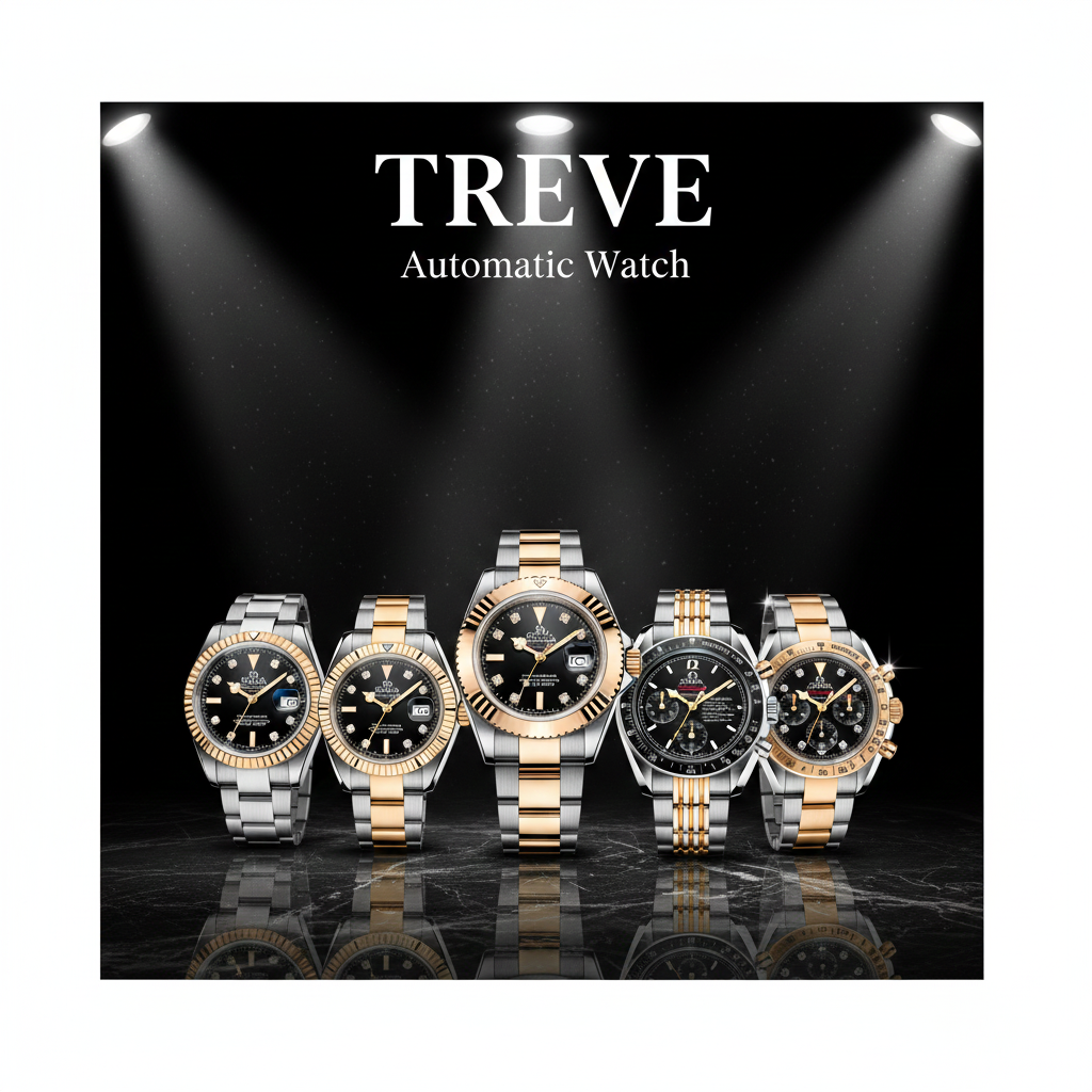 スポットライトが当たる黒い大理石の上に、ロレックス、オメガ、タグホイヤーなど、金と銀のコンビネーションモデルを含む5本の高級自動巻き腕時計（オートマチックウォッチ）が並べられた画像。高松市の高級時計買取専門店「TREVE」のイメージ。