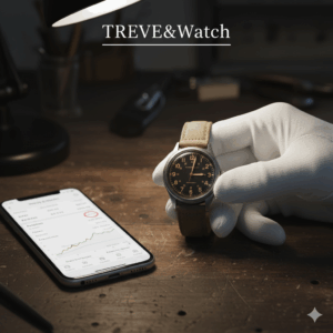 白い手袋をはめた手が、ベージュの革ベルトと黒い文字盤のヴィンテージ腕時計を持っており、横には買取価格のチャートが表示されたスマートフォンがある画像。高松市の高級時計買取専門店「TREVE」のイメージ。