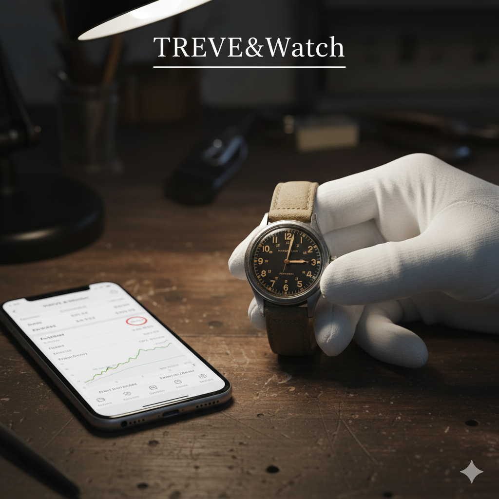 白い手袋をはめた手が、ベージュの革ベルトと黒い文字盤のヴィンテージ腕時計を持っており、横には買取価格のチャートが表示されたスマートフォンがある画像。高松市の高級時計買取専門店「TREVE」のイメージ。