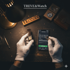 落ち着いた照明の作業台で、白い手袋をはめた鑑定士がカルティエのタンクのような角型ヴィンテージウォッチを手に持ち、ルーペで精査している画像。隣のスマートフォンには「13,80,000」という査定額が表示されている。高松市の時計買取専門店「TREVE」のイメージ。