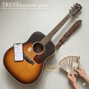 フローリングの床の上に、サンバーストカラーの古いアコースティックギター、スマートフォン、そして手のひらに広げられた日本円（1万円札）の束が置かれている画像。高松市内の楽器買取専門店「TREVE」のイメージ。