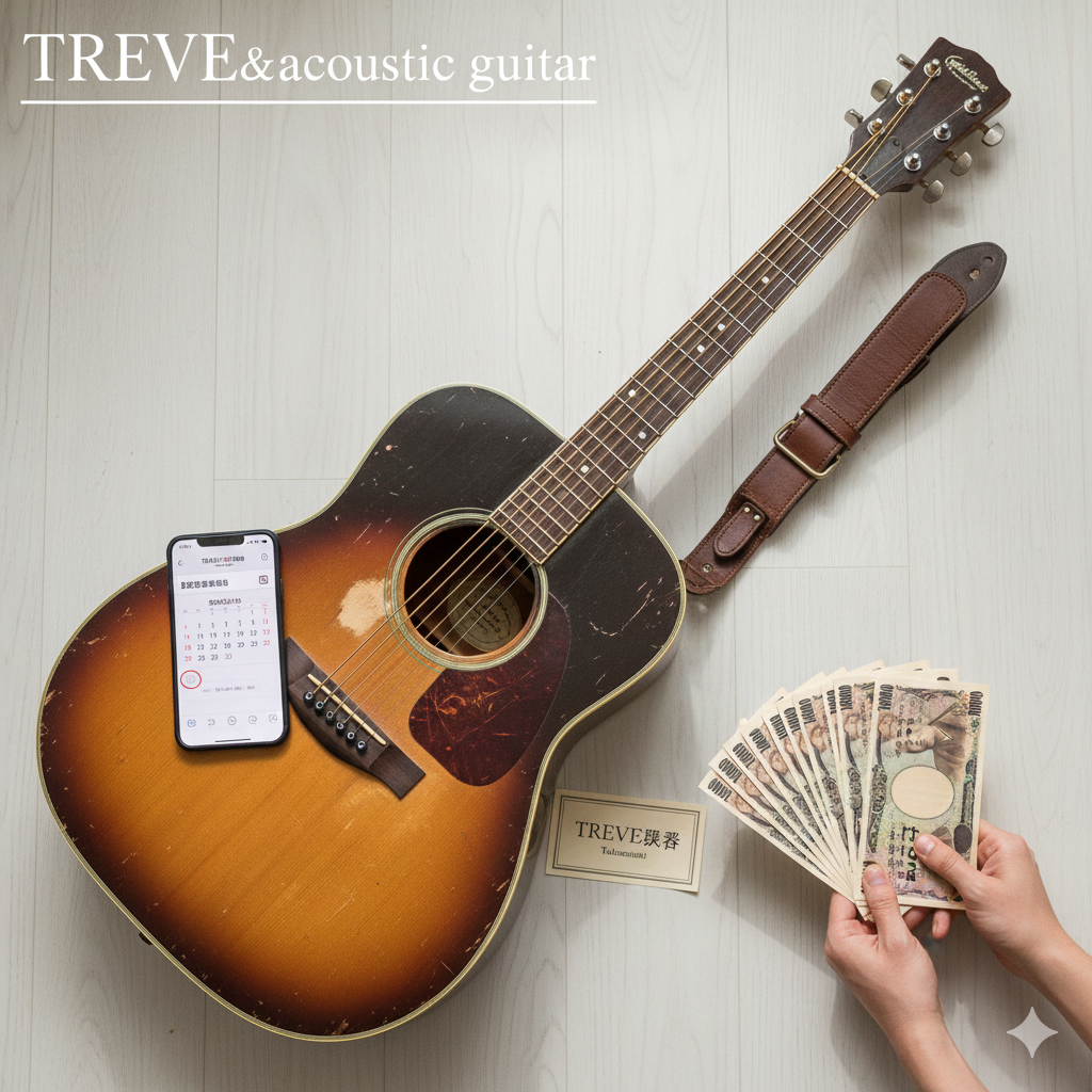 フローリングの床の上に、サンバーストカラーの古いアコースティックギター、スマートフォン、そして手のひらに広げられた日本円（1万円札）の束が置かれている画像。高松市内の楽器買取専門店「TREVE」のイメージ。