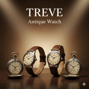 SEIKO（セイコー）の古い革ベルト腕時計2本と、CITIZEN（シチズン）の懐中時計2本が置かれたアンティーク時計の画像。高松市内のアンティーク時計・買取専門店「TREVE」のイメージ。