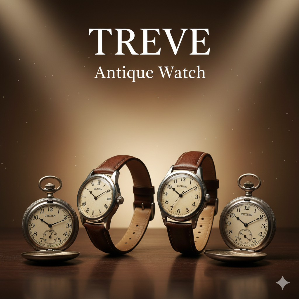 SEIKO（セイコー）の古い革ベルト腕時計2本と、CITIZEN（シチズン）の懐中時計2本が置かれたアンティーク時計の画像。高松市内のアンティーク時計・買取専門店「TREVE」のイメージ。