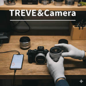 木製の作業台の上に置かれたOLYMPUS(オリンパス)の黒いミラーレス一眼カメラと、白い手袋をはめた手が持っている交換レンズの画像。隣にはスマートフォンがあり、買取査定のイメージ。高松市のカメラ買取専門店「TREVE」のイメージ。