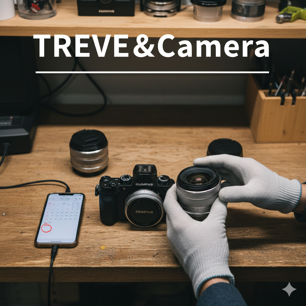 木製の作業台の上に置かれたOLYMPUS（オリンパス）の黒いミラーレス一眼カメラと、白い手袋をはめた手が持っている交換レンズの画像。隣にはスマートフォンがあり、買取査定のイメージ。高松市のカメラ買取専門店「TREVE」のイメージ。