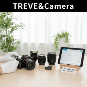 明るい査定ブースで、白い手袋をはめた鑑定士がSONY（ソニー）のミラーレス一眼カメラを丁寧に清掃・点検している画像。横には交換レンズ2本、フラッシュ、査定用タブレットが並び、「シャッター回数が少ない チリ・カビがない」と書かれた評価札が添えられている。高松市のカメラ買取専門店「TREVE」のイメージ。