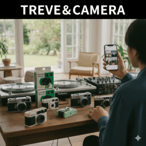 「TREVE & CAMERA」の文字が入った画像。庭の緑が見える明るい室内で、木製テーブルにキヤノン（Canon）のレンジファインダーカメラや、富士フイルム「写ルンです」等のコンパクトカメラ、Technicsのターンテーブルが並んでいる。鑑定士がスマートフォンでSNSの相場を確認しながら査定している様子。高松市の買取専門店「TREVE」のイメージ。
