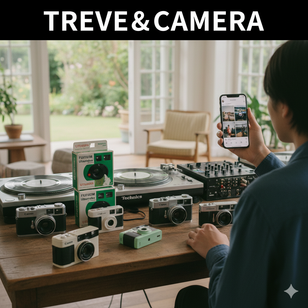 「TREVE & CAMERA」の文字が入った画像。庭の緑が見える明るい室内で、木製テーブルにキヤノン（Canon）のレンジファインダーカメラや、富士フイルム「写ルンです」等のコンパクトカメラ、Technicsのターンテーブルが並んでいる。鑑定士がスマートフォンでSNSの相場を確認しながら査定している様子。高松市の買取専門店「TREVE」のイメージ。