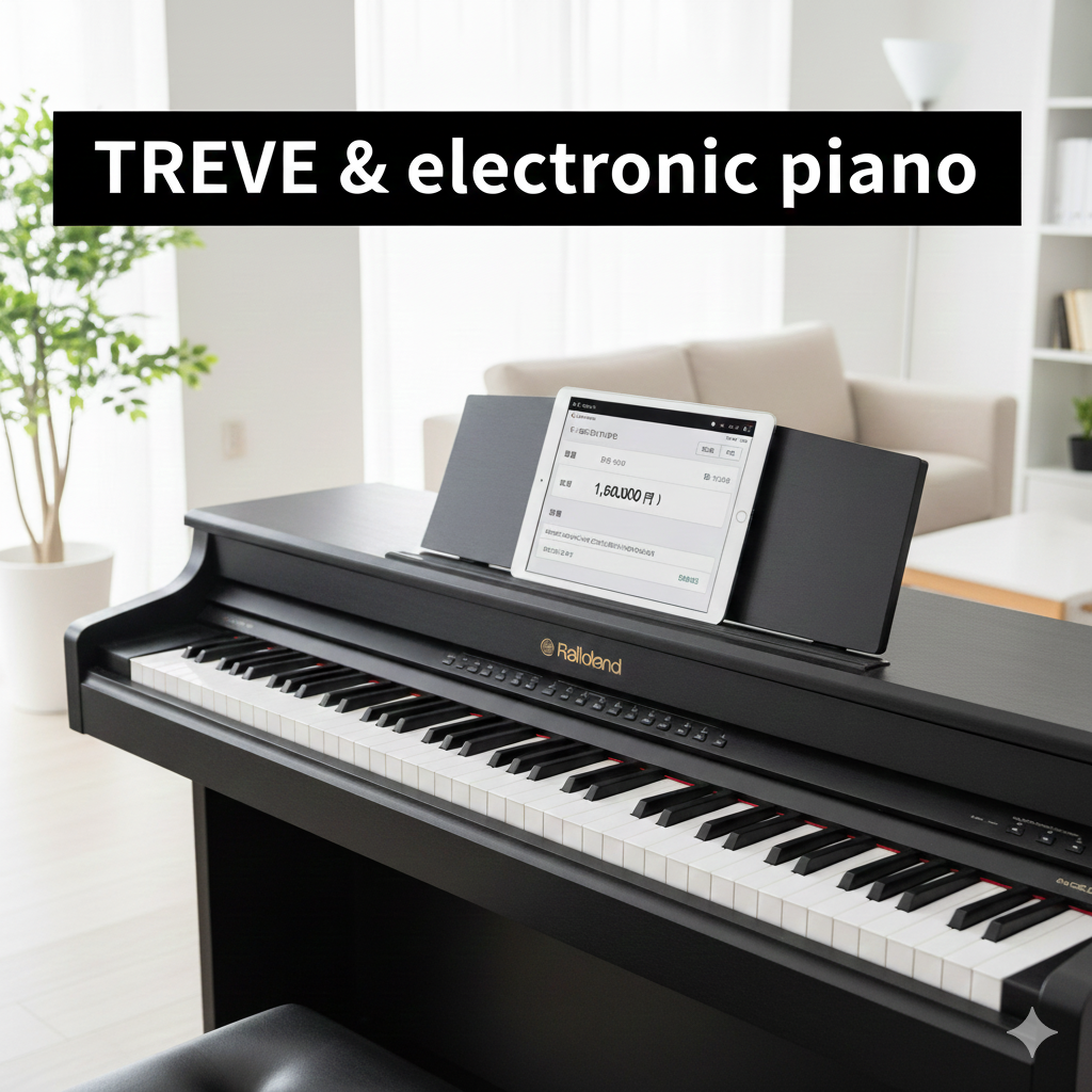 明るいリビングのような査定ブースで、Roland（ローランド）等の黒い電子ピアノが置かれている画像。譜面台には「1,60,000円」と査定額が表示されたタブレットが置かれ、背景には観葉植物やソファが見える。高松市の楽器買取専門店「TREVE」のイメージ。