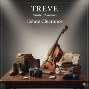 コントラバス、CONTAXのフィルムカメラ、古い靴、懐中時計、写真立て、電動ドリルなど、様々な遺品がテーブルに置かれた画像。高松市内の遺品整理・買取専門店「TREVE」のサービスイメージ。