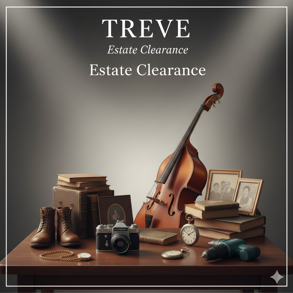 コントラバス、CONTAXのフィルムカメラ、古い靴、懐中時計、写真立て、電動ドリルなど、様々な遺品がテーブルに置かれた画像。高松市内の遺品整理・買取専門店「TREVE」のサービスイメージ。