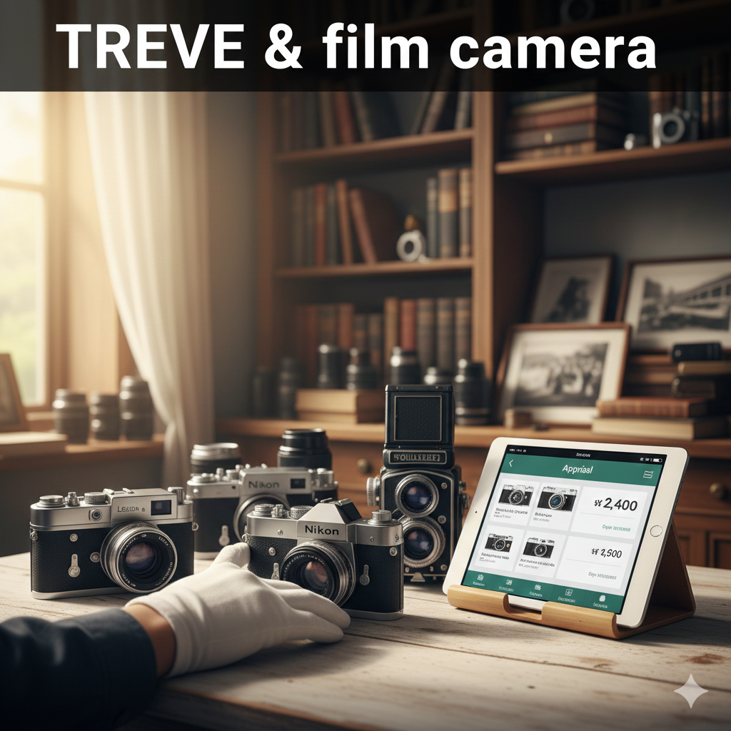 「TREVE & film camera」の文字が入った画像。温かみのある書斎のような査定ブースで、白い手袋をはめた鑑定士がニコン（Nikon）やライカ（Leica）風のヴィンテージ一眼レフ、二眼レフカメラを丁寧に扱っている。手前のタブレットには各機種の査定額が表示されている。高松市のカメラ買取専門店「TREVE」のイメージ。