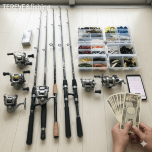 フローリングの床の上に、ロッド(竿)4本、スピニングリール3台、ベイトリール2台、ルアーやワームが詰まったクリアケース2箱が並べられ、手元に数枚の日本円(1万円札)とスマートフォンがある画像。高松市内の釣具買取専門店「TREVE」のイメージ。