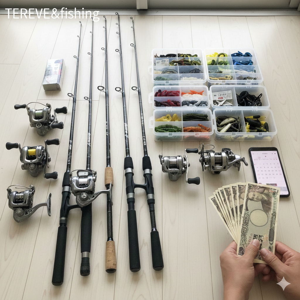 フローリングの床の上に、ロッド（竿）4本、スピニングリール3台、ベイトリール2台、ルアーやワームが詰まったクリアケース2箱が並べられ、手元に数枚の日本円（1万円札）とスマートフォンがある画像。高松市内の釣具買取専門店「TREVE」のイメージ。