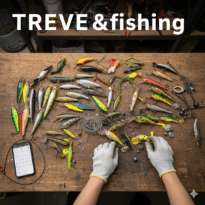 木製の作業台の上に、ミノー、クランクベイト、ワーム、シンカーなど、様々な種類のカラフルなルアー(疑似餌)が大量に並べられた画像。白い手袋をはめた手がルアーを調べている様子。高松市の釣具買取専門店「TREVE」のイメージ。