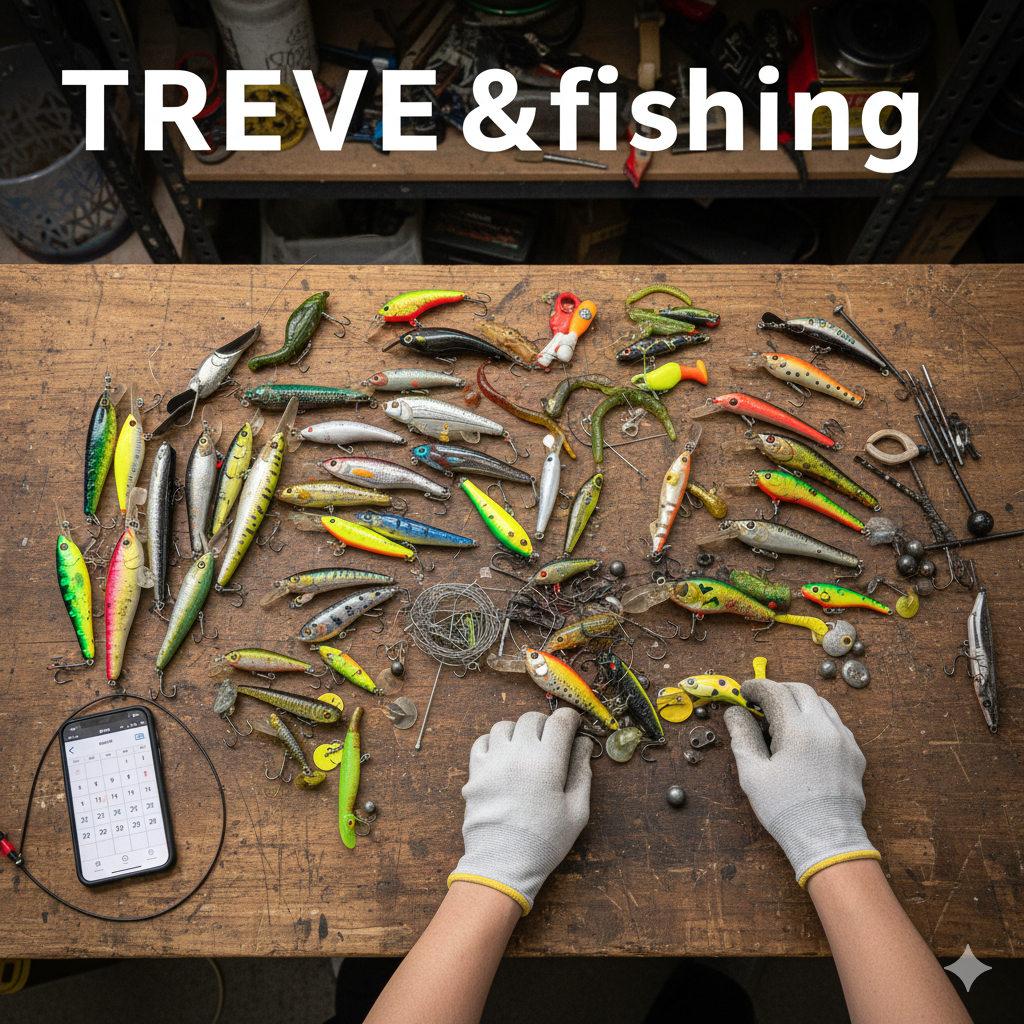 木製の作業台の上に、ミノー、クランクベイト、ワーム、シンカーなど、様々な種類のカラフルなルアー（疑似餌）が大量に並べられた画像。白い手袋をはめた手がルアーを調べている様子。高松市の釣具買取専門店「TREVE」のイメージ。
