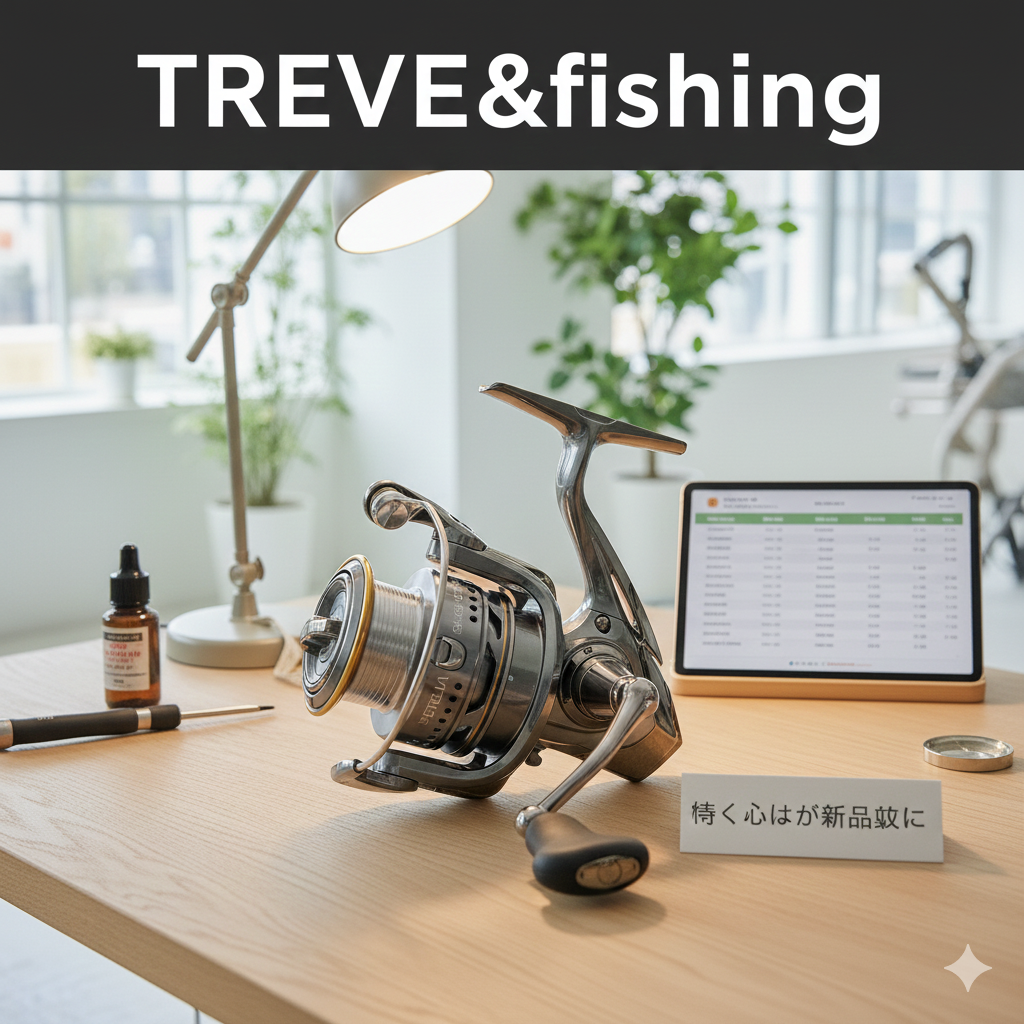 明るい査定ブースの木製テーブルの上に、シマノ（SHIMANO）のステラなどの高級スピニングリールが置かれている画像。背景には査定データが表示されたタブレット、メンテナンス用のオイル、ドライバーが並び、プロによる専門査定をイメージしている。高松市の釣具買取専門店「TREVE」のイメージ。