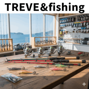 「TREVE & fishing」の文字が入った画像。瀬戸内海の島々を一望できる明るい店舗の木製デスクに、エギング用のロッド4本とスピニングリール4個、多彩なカラーのエギ(ルアー)が並べられている。背景の棚には多数の釣具が陳列されており、高松市の釣具買取専門店「TREVE」のプロショップのような店内の様子がわかる。