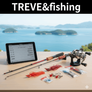 瀬戸内海の島々が見える絶景の窓際に置かれたテーブルの上で、タイラバ用のロッド（釣り竿）とベイトリール、赤いタイラバ（ルアー）、フックなどが並べられている画像。横には「ロッド 65,000円」「リール 130,500円」など具体的な買取価格が表示されたタブレットが置かれている。高松市の釣具買取専門店「TREVE」のイメージ。