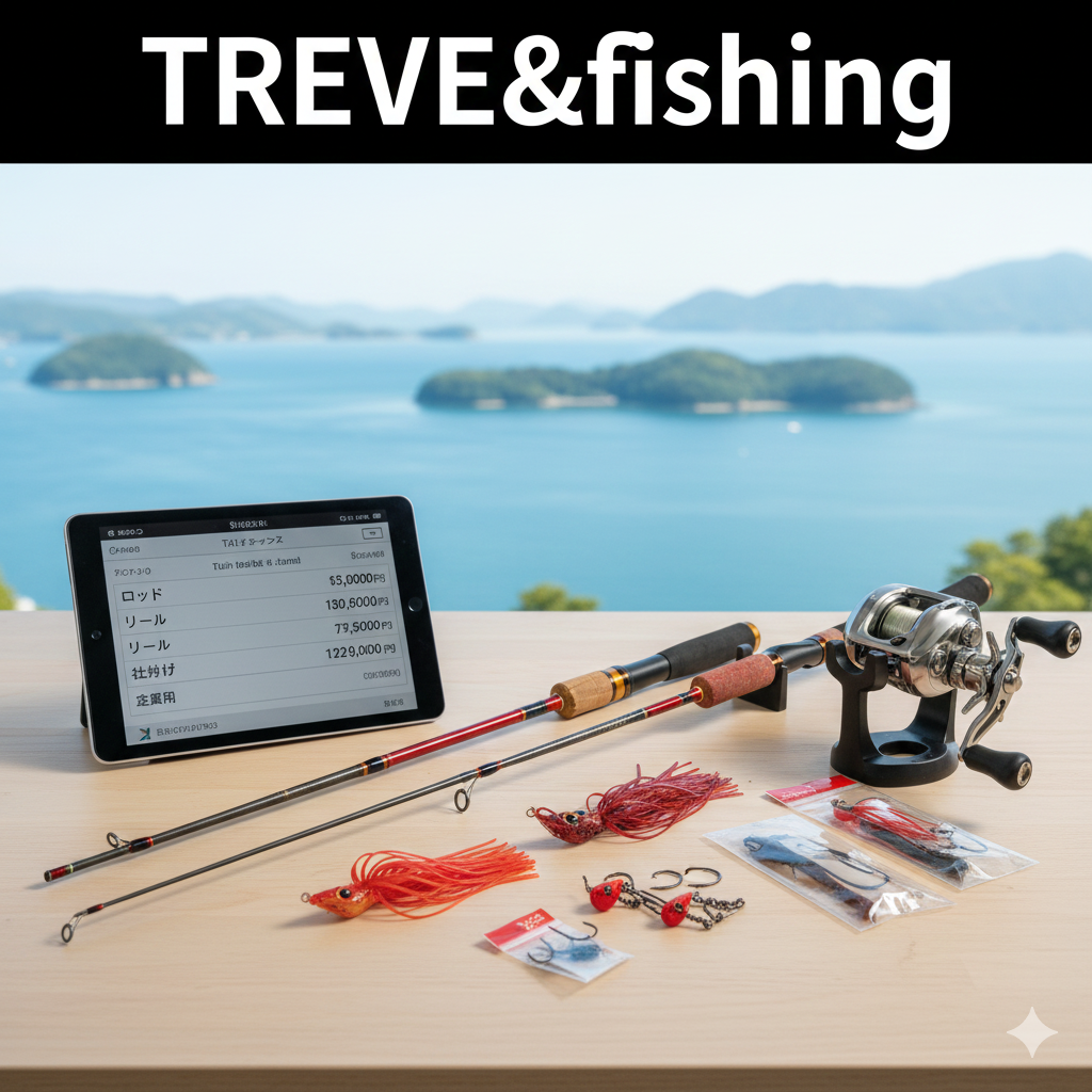 瀬戸内海の島々が見える絶景の窓際に置かれたテーブルの上で、タイラバ用のロッド（釣り竿）とベイトリール、赤いタイラバ（ルアー）、フックなどが並べられている画像。横には「ロッド 65,000円」「リール 130,500円」など具体的な買取価格が表示されたタブレットが置かれている。高松市の釣具買取専門店「TREVE」のイメージ。