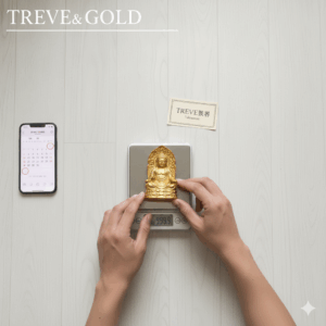 フローリングの床の上に置かれたデジタルスケール(計量器)で、金の仏像(999.9の刻印あり)の重さを測っている様子。隣にはスマートフォンと「TREVE鑑定」の紙が置かれた画像。高松市の金買取専門店「TREVE」のイメージ。