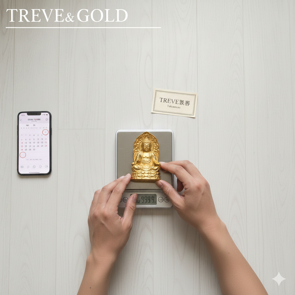 フローリングの床の上に置かれたデジタルスケール（計量器）で、金の仏像（999.9の刻印あり）の重さを測っている様子。隣にはスマートフォンと「TREVE鑑定」の紙が置かれた画像。高松市の金買取専門店「TREVE」のイメージ。